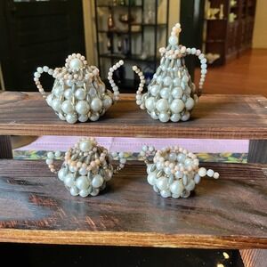 Vintage Hand-Beaded Faux Pearl Miniature Tea Set 4pc – Silver & Pink Decor